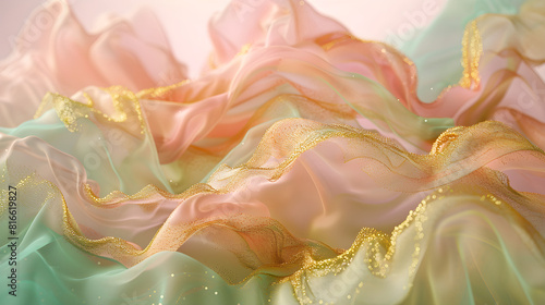 Luxury pink and green abstract background, transparent organza cloth texture