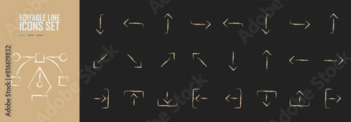 Wayfinding system direction arrow linear modern icon set. Way finding entrance and exit outline symbol collection. Left and right navigation signage. Up and down information boards. Public place signs