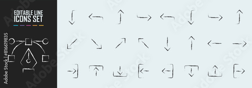 Wayfinding system direction arrow linear modern icon set. Way finding entrance and exit outline symbol collection. Left and right navigation signage. Up and down information boards. Public place signs