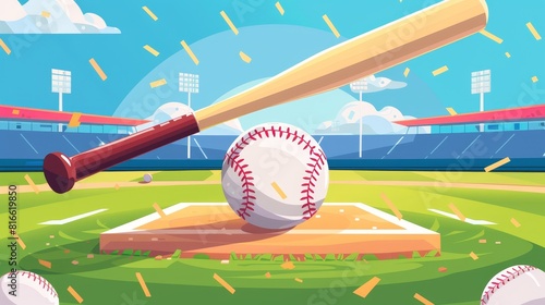 A baseball on a field with bat and bases Banner of baseball game Sport concept photo