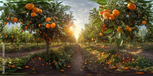 A panoramic view of an organic citrus grove with ripe oranges hanging from the trees.