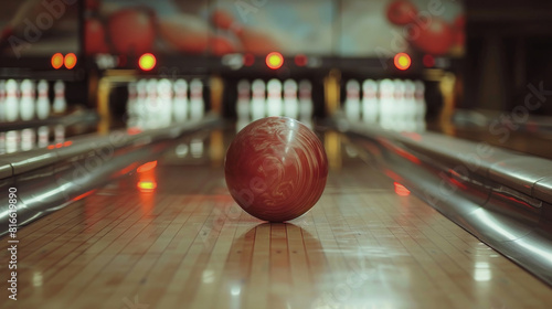 A bowling ball on a lane with pins Banner of bowling game Sport concept