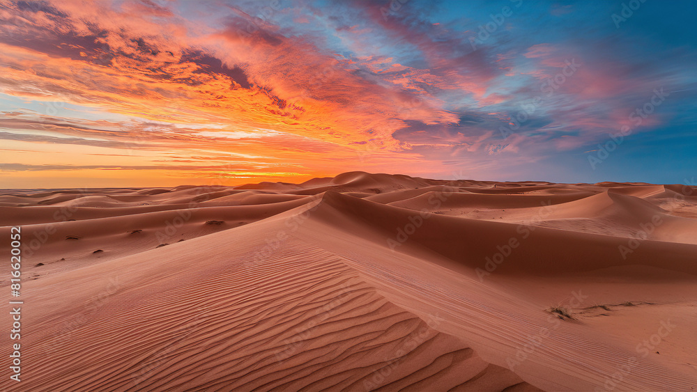 The sun sets over the golden sand dunes in Al-Sukoon Desert, creating a breathtaking view. The sun sets over the golden sand dunes in Al-Sukoon Desert, creating a breathtaking view.