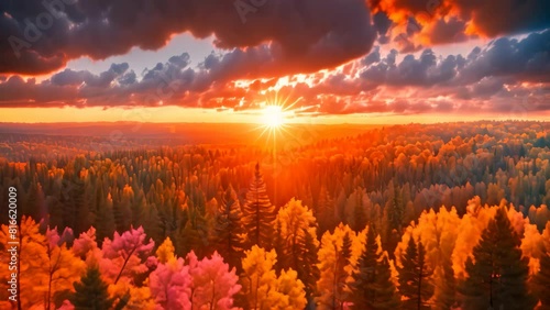 The sun descends behind a dense forest filled with trees, A breathtaking sunset over a forest ablaze with fall colors photo