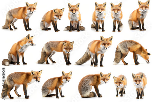 Wildlife photography  A variety of fox are shown in a variety of poses. Different expressions in the style of symmetrical grid  white background