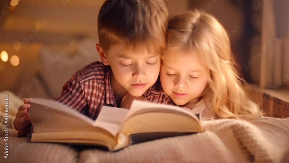 Brother and sister cuddled up reading a book together on a bed, A brother and sister cuddled up reading a book together Brother and sister cuddled up reading a book together on a bed, A brother and sister cuddled up reading a book together