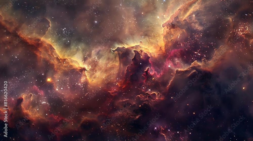 Obraz premium The image shows a colorful nebula in space with bright stars and dark dust clouds.
