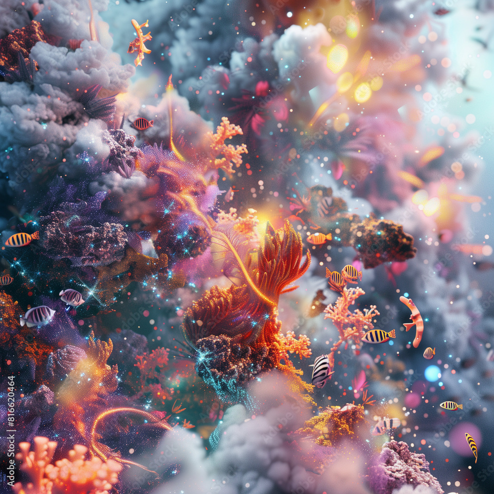 Fototapeta premium 3D exploding cloud of corals and fish 3D with shimmering glitter , abstract background with explosione, 3D magic in space , fractal background 