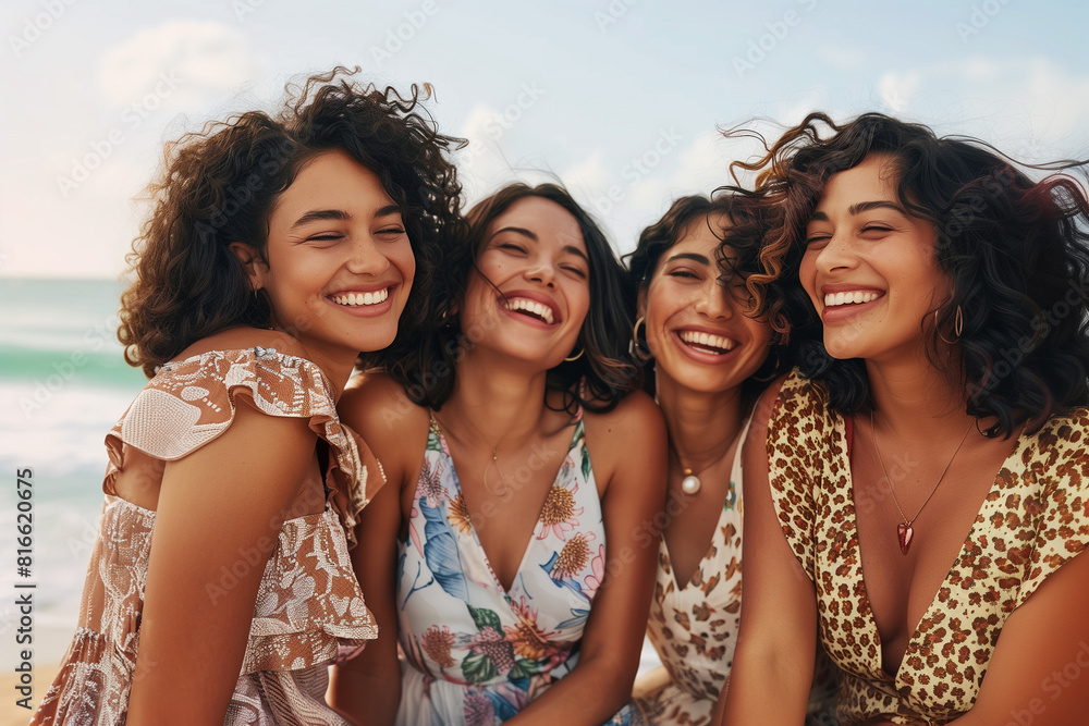 Obraz premium A diverse group celebrates summer on a California beach in flowy, eco-conscious dresses. The ocean breeze whispers of a sustainable future.