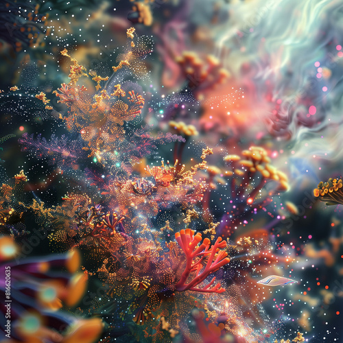 3D exploding cloud of corals and fish 3D with shimmering glitter , abstract background with explosione, 3D magic in space , fractal background 