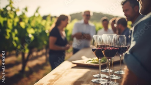 Friends toasting with red wine in vineyard at sunset photo