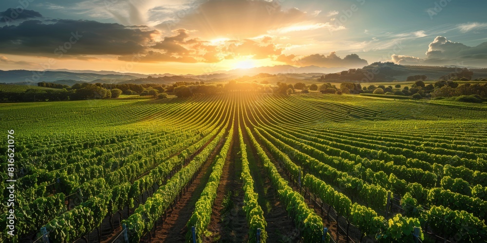 A scenic shot of an organic vineyard with rows perfectly aligned under the afternoon sun.