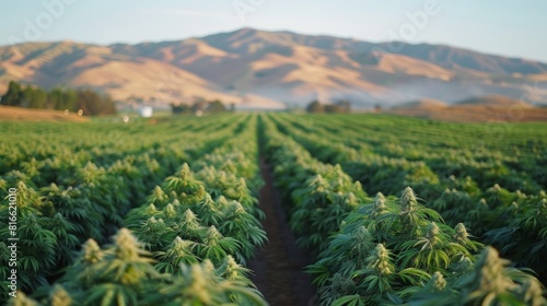 A scenic cannabis farm with rolling hills in the background