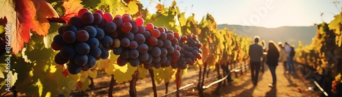 Grapes hanging on grapevine in vineyard photo