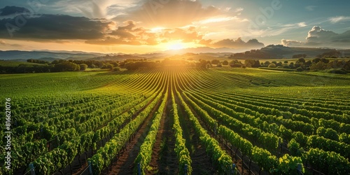 A scenic shot of an organic vineyard with rows perfectly aligned under the afternoon sun.