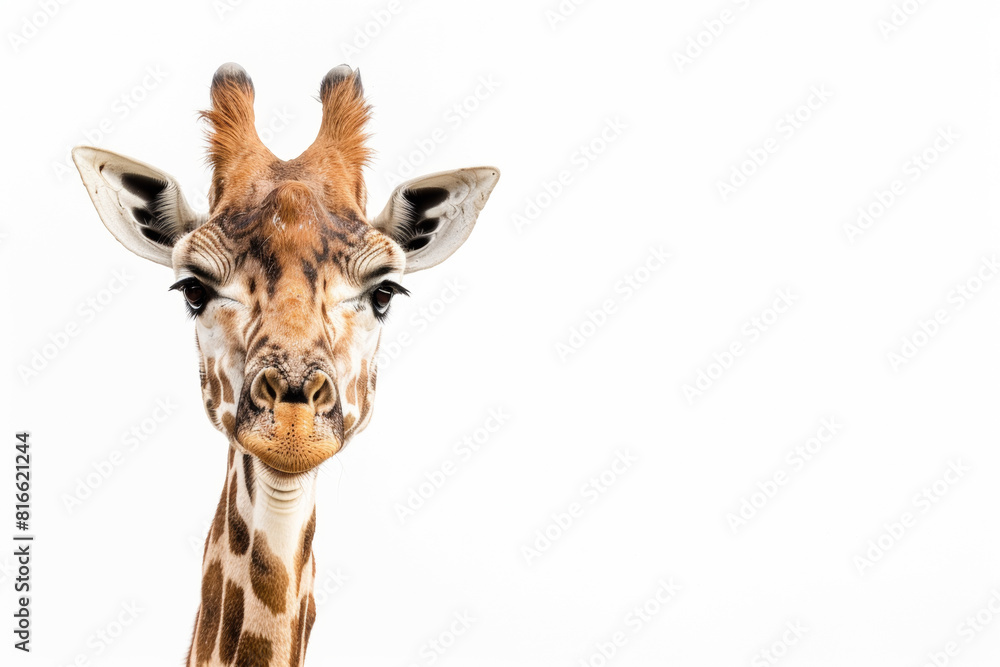 Giraffe peeking into the frame from the right on a white background