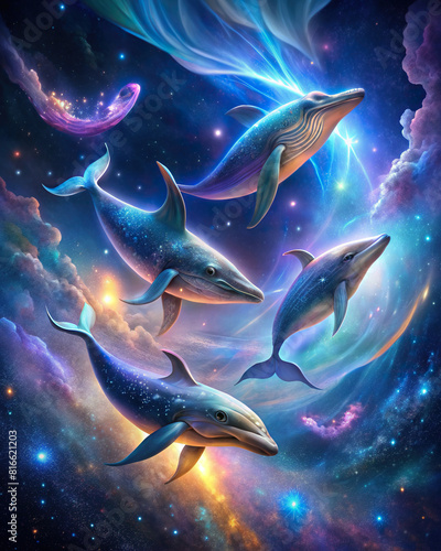 An otherworldly scene depicting a cosmic ballet performed by luminescent space whales, their elegant movements synchronized with the cosmic rhythms of the universe.