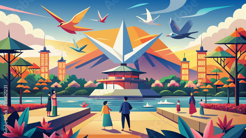 Stylized City Park with Origami Birds and Visitors at Sunset