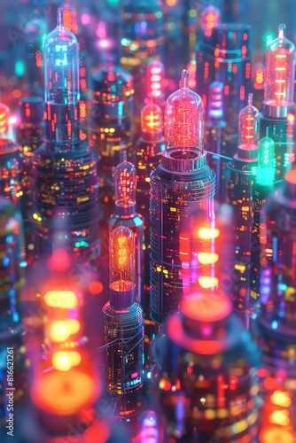 A vibrant tableau of a futuristic cityscape where light bulbs act as touchsensitive password entry points photo