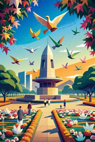 Colorful Autumn Park Scene with Monument and Flying Birds