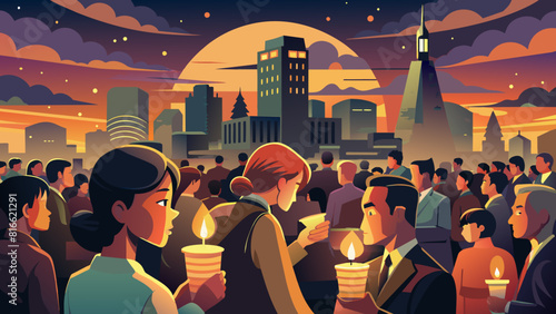Candlelight Vigil in Urban Setting at Dusk with Diverse Crowd