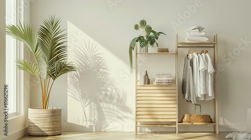 Modern organizer with clothes on shelf in room