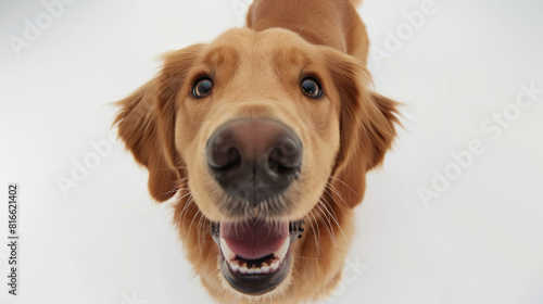Happy dog golden  wide angle camera  fisheye camera  looking at the camera  white background