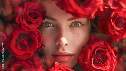 Front view portrait of a beautiful young girl standing out from the red roses that surround her face. Horizontally. 