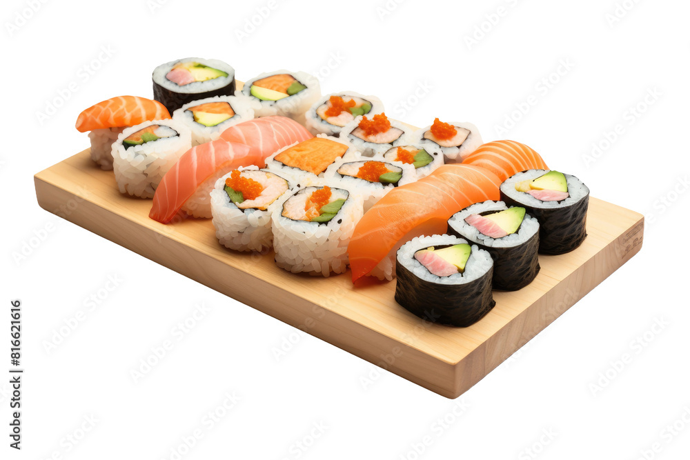 Sushi Symphony on a Wooden Platter on White or PNG Transparent Background. Sushi Symphony on a Wooden Platter on White or PNG Transparent Background.