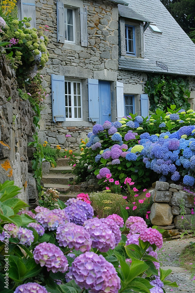beautiful garden with colourful flower  with cottage generated by AI