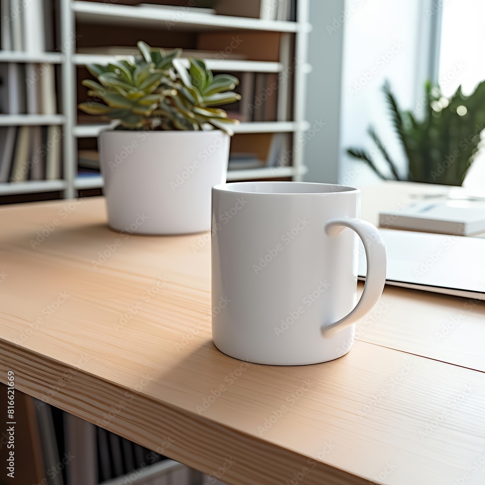 An empty white coffee mug sits on a wooden table. The mug is in focus, and the background is blurry. An empty white coffee mug sits on a wooden table. The mug is in focus, and the background is blurry.