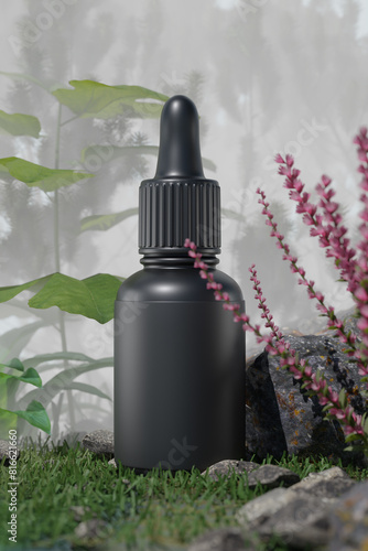 blank black supplement dropper bottle with foliage in foreground and background