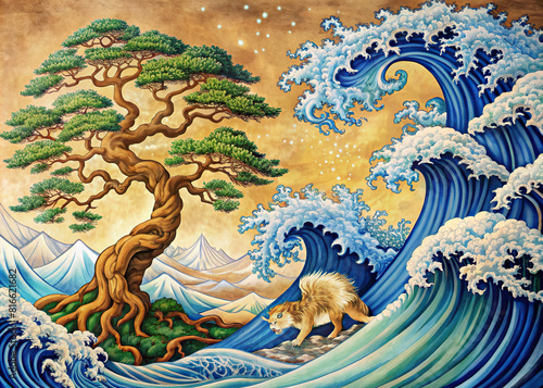 Hand-drawn Asian wave art featuring a strong tree  lion  and eagle motifs  with a touch of modern flair.