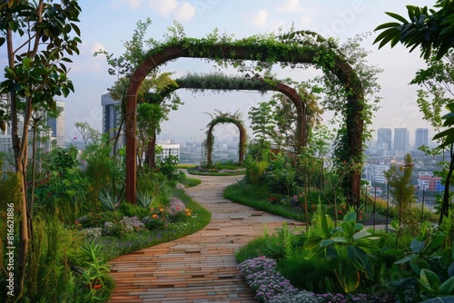 A serene rooftop garden with graceful archways and winding pathways amidst the urban jungle © Amni