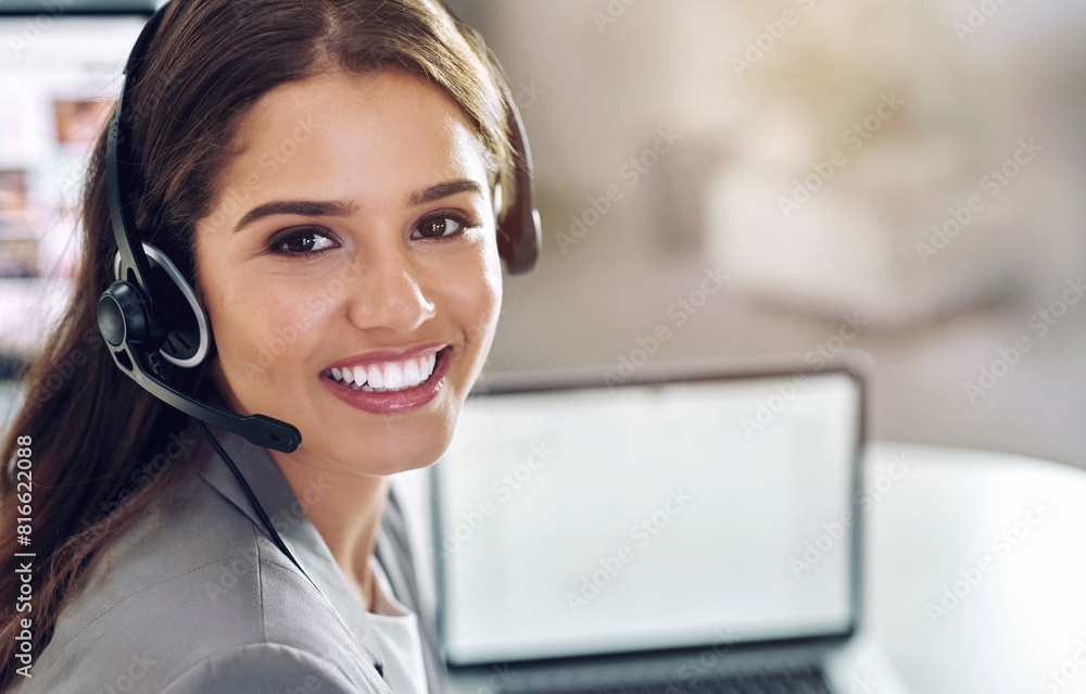 Call center, portrait and woman with microphone for telemarketing, support and consulting as service. Office, professional agent or female advisor with headset to listen, answer questions and help Call center, portrait and woman with microphone for telemarketing, support and consulting as service. Office, professional agent or female advisor with headset to listen, answer questions and help