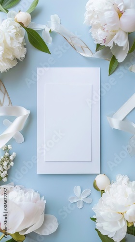 5x5 blank white card, flat minimalist mockup, light blue background, blue bridal and wedding floral wedding invitation photo