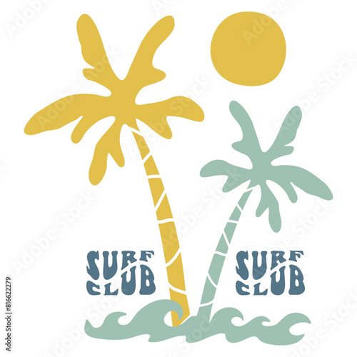 Retro Groovy Surf Club in trendy Boho style. Naive Geometric Summer Palm Tree. Simple background of sun sea. Retro Summer Beach Hand Drawn isolated illustration. Vintage Surf Club. Vector illustration (ID: 816622279)