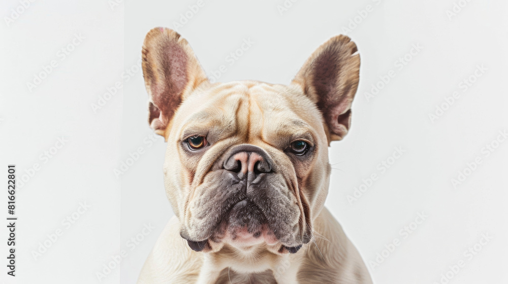 Engaging portrait of a beige bulldog featuring a forward-facing, close-up shot that is cinematic with strong contrast. 