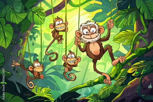 Cartoon cute doodles of a grandpa monkey swinging from vines with his monkey grandchildren in a lush jungle, Generative AI