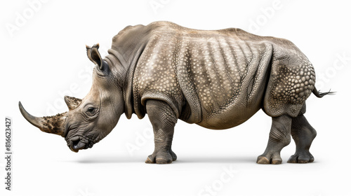 A young rhinoceros  side view  white solid background  photorealistic  professional studio light