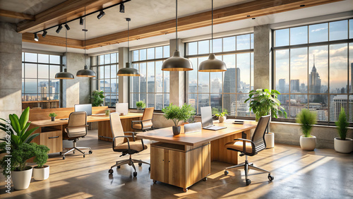 Inviting coworking office interior with warm wooden tones, concrete details, and a panoramic window offering a panoramic city view.