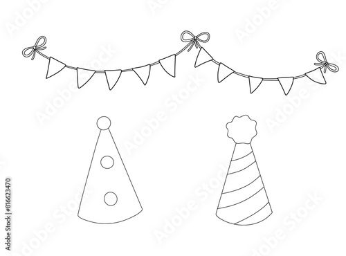 Party hat and flags garland line illustrations set. Hand drawn isolated doodles. Outline sketch