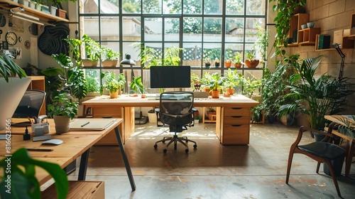 Office setting with numerous plants surrounding a desk