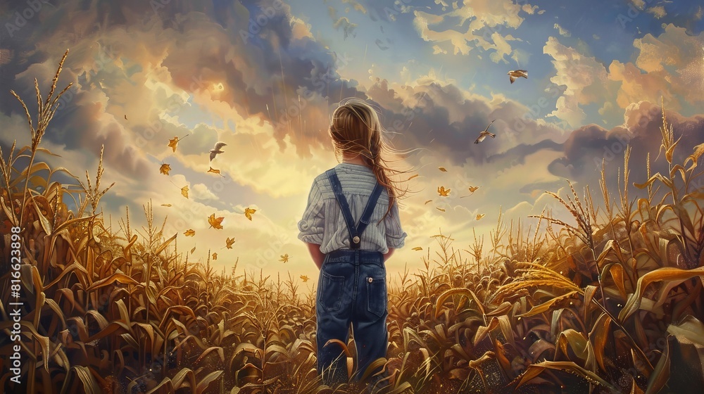 Fototapeta premium An ultra detailed oil painting of a cute little girl wearing a button down shirt and overalls standing in a cornfield during the Autumn season