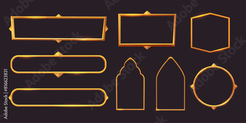 Set Golden fantasy frame menu, game inrerface panel isolated on dark background. Medieval border shiny golden decoration.