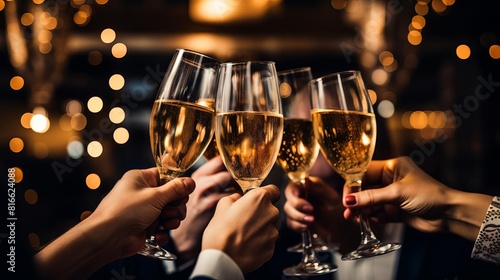 Group of friends toasting with champagne flutes at a party