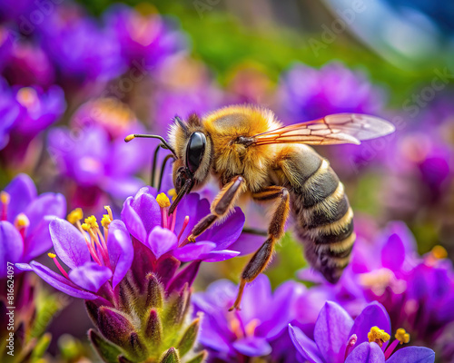 Close-up of a bee collecting nectar from a bright purple alpine wildflower, highlighting the symbiotic relationship between flora and fauna in the wilderness.