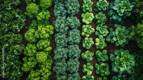 Aerial view of a high-tech organic vegetable farm with advanced systems