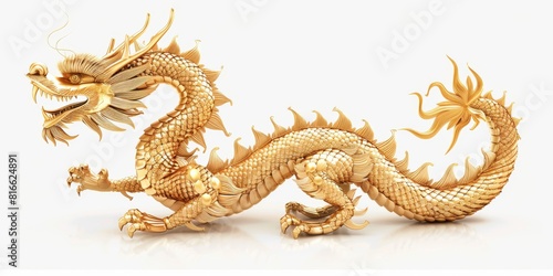 Golden Dragon Statue on White Background