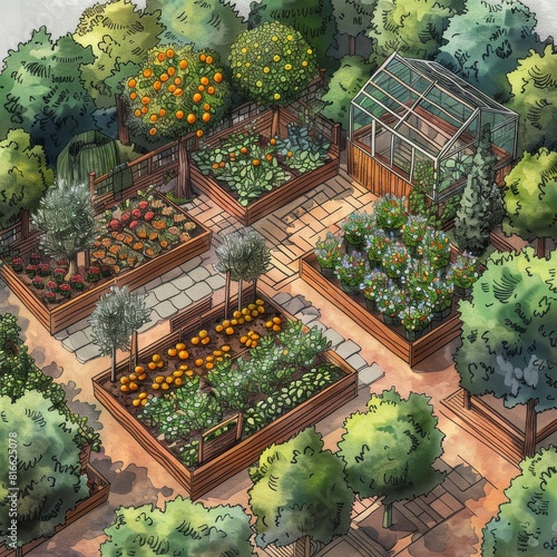 design an areal view, and realistic colorful illustration of a urban garden including several trees (like orange, lemon, avocado, figs, etc) and vegetables and flowers inside wood boxes  photo